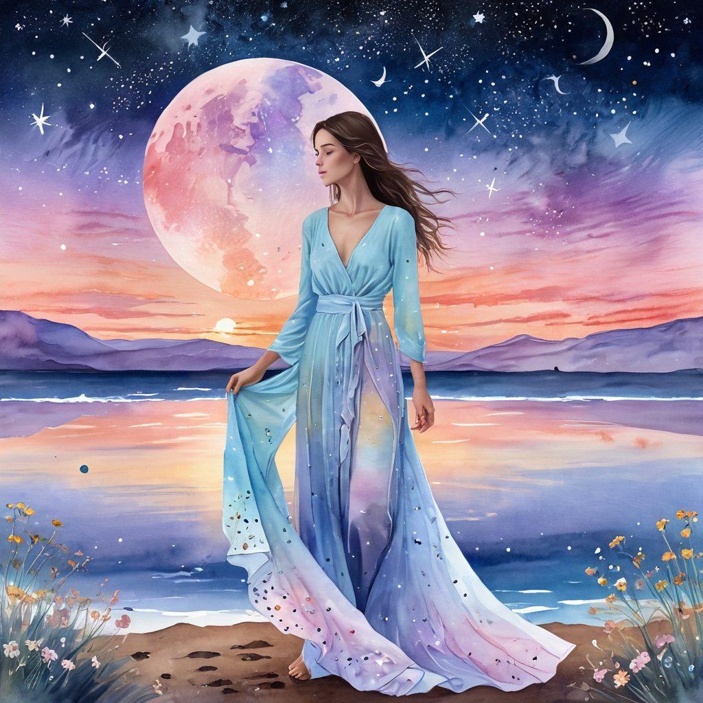 A tranquil scene blending fashion and astrology, featuring a serene figure wearing flowing summer garments under a starry sky filled with zodiac constellations. Soft pastel colors evoke calmness, with scattered flowers and celestial symbols around them, embodying the theme of finding peace in grief. The background includes a silhouette of a peaceful horizon at sunset. ethereal. watercolor style. soft colors. dreamy ambiance.