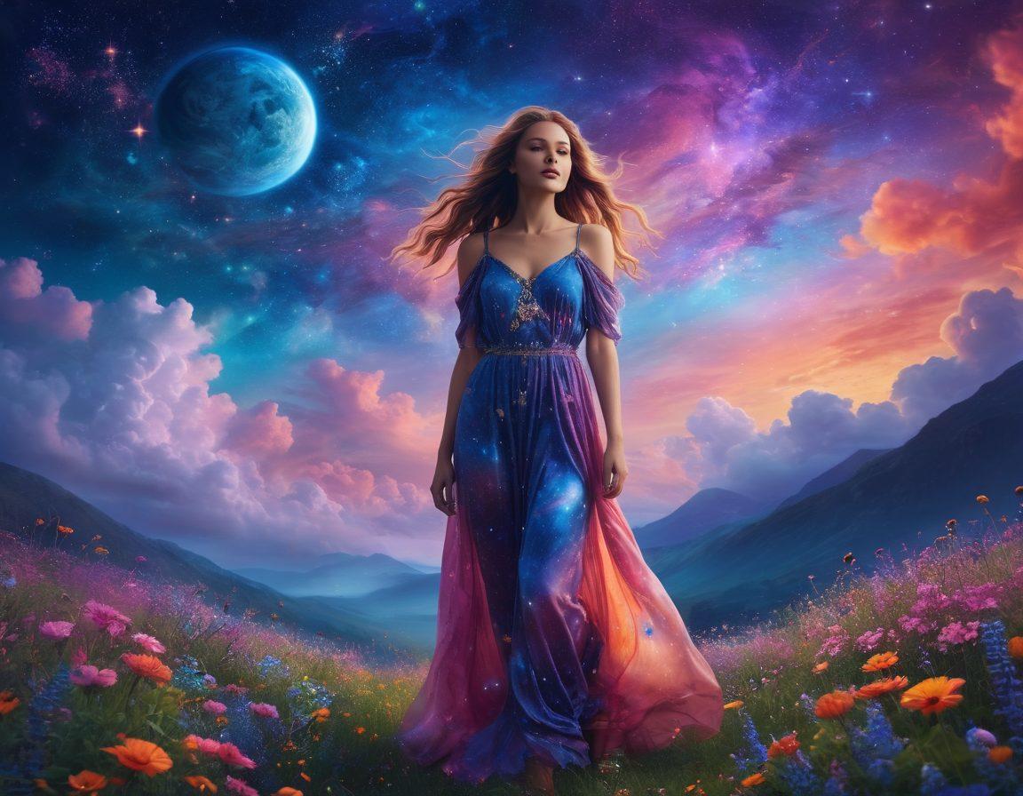 A whimsical fashion scene blending summer styles with cosmic elements, featuring a model wearing flowing, celestial-themed clothing that glows with stars and planets. The backdrop is a deep twilight sky filled with vibrant constellations and whimsical clouds, while the ground is adorned with colorful wildflowers. The overall mood should evoke a sense of joy and melancholy, encouraging a reflective spirit. dreamy. vibrant colors. digital painting.